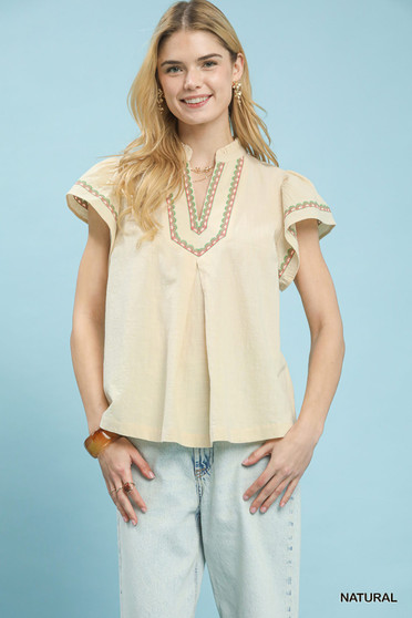 Umgee Embroidered Flutter Sleeve Blouse