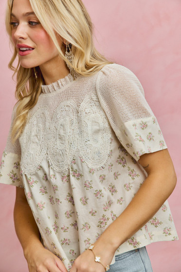 SO ME Floral Print Lace Trim Cotton Blouse