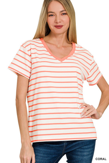 Zenana Striped V-Neck Short Sleeve T-Shirt