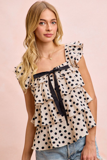 BiBi Polka Dot Ruffled Bow Tied Square Neck Sleeveless Top