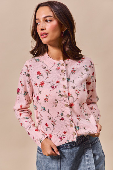 SO ME Floral Print Button Front Sweater Cardigan Top