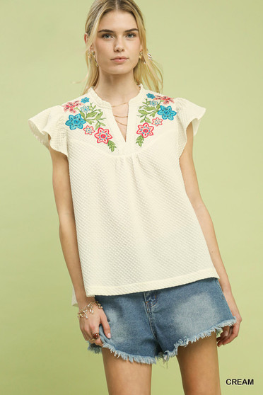 Umgee Embroidered Flutter Sleeve Blouse