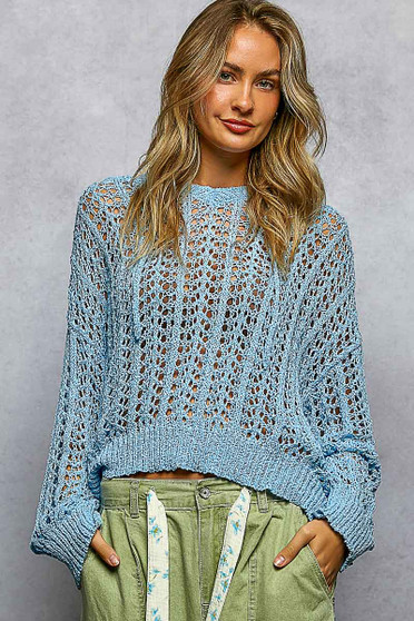 POL Openwork Round Neck High Low Knit Top