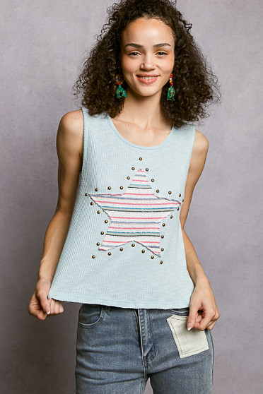 POL Round Neck Stud Point Ribbed Tank with Stripped Star Patch