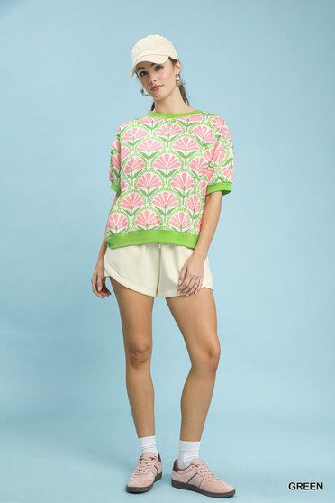 Umgee Floral Print Short Sleeve French Terry Top