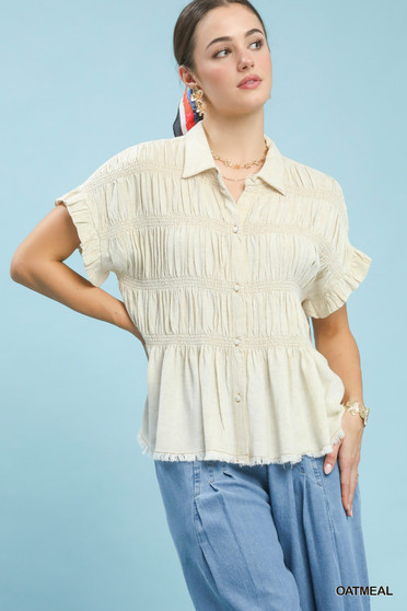 Umgee Washed Linen Blend Smocked Shirt