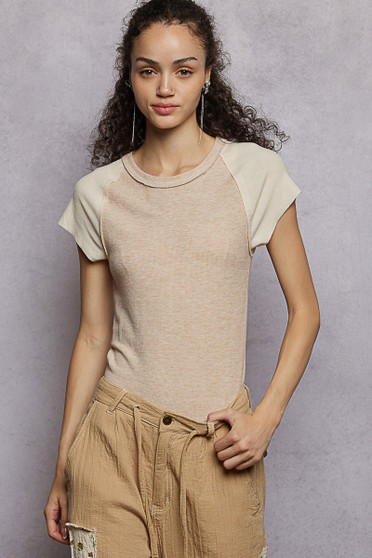 POL Outseam Detail Ribbed T-Shirt with Contrast Color Sleeves