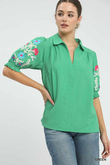Umgee Seersucker Embroidered Sleeve Blouse