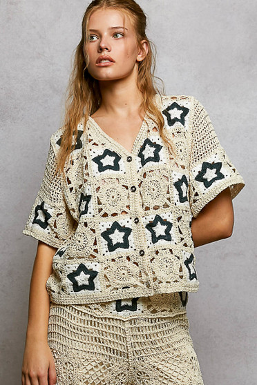 POL Button Front V-Neck Crochet Cardigan with Contast Star