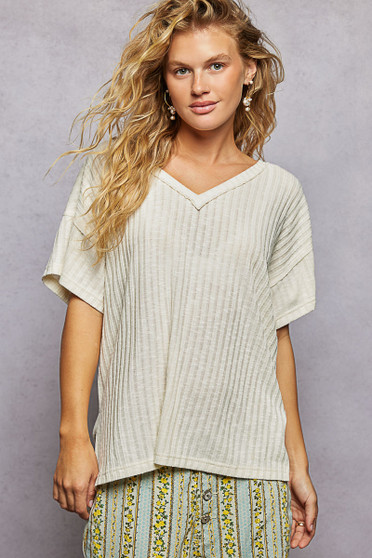 POL Ribbed Knit V-Neck Short Sleeve T-Shirt with Side Slit