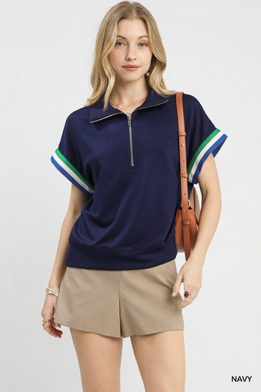 Umgee Zip Front Casual Top with Contrast Stripe Trim