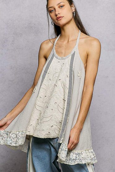 POL Lace Ruffle Halter Neck Double Gauze Top with Crochet Patch