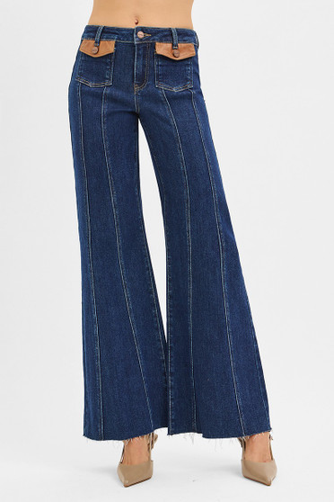 RISEN High Rise Wide Flare Jeans with Front Leather Pocket Detail