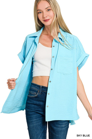 Zenana Woven Airflow Button Down Shirt