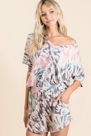BiBi Tie Dye Print Terry V Neck Top With Contrast