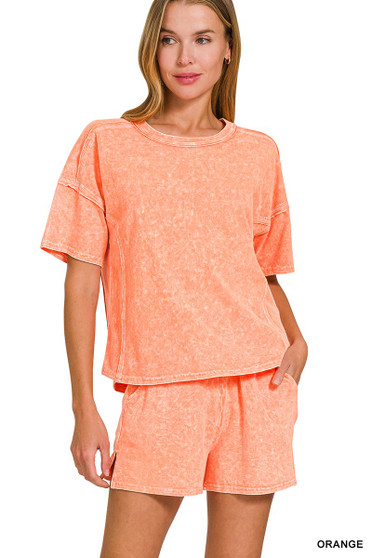 Zenana Halo Snow Washed Short Sleeve Tee and Shorts Set