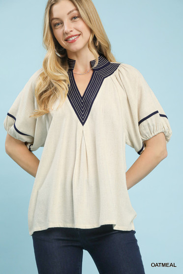 Umgee Linen Puff Sleeve Contrast Trim Top