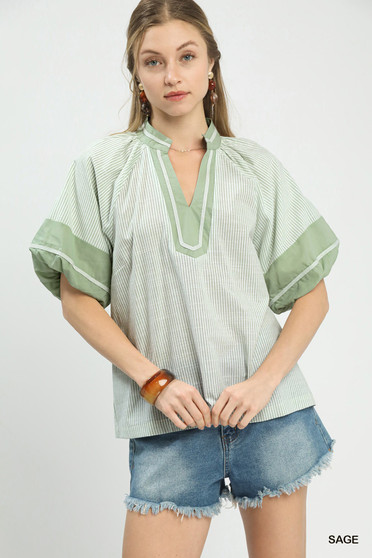 Umgee Striped Mixed Puff Sleeve Blouse