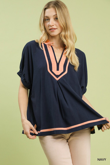Umgee Linen Contrast Trim V-Neck Blouse