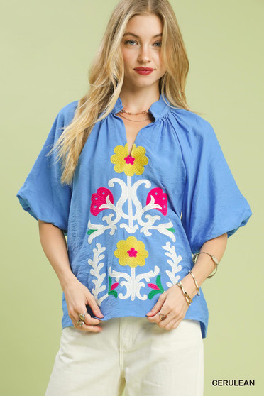 Umgee Embroidered Boho Puff Sleeve Blouse