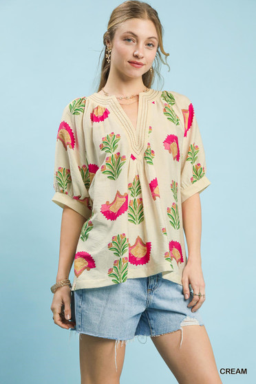 Umgee Abstract Print Blouse with Ruched Detail