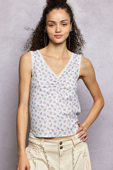 POL Ruched Floral V-Neck Tank with Lace Detail