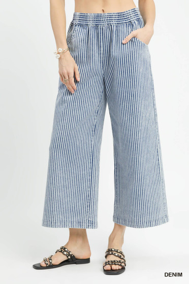 Umgee Stone Wash Stripe Wide-Leg Pants