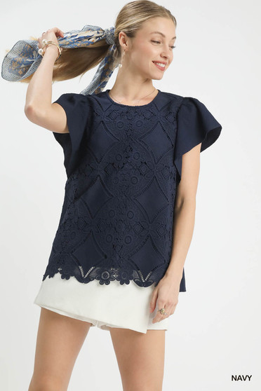 Umgee Floral Lace Overlay Flutter Sleeve Top