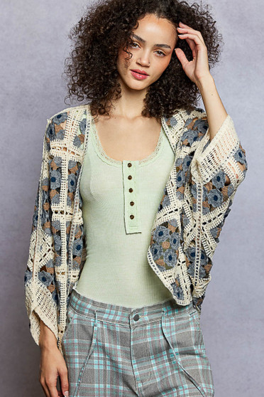 POL Open Front Floral Crochet Cardigan