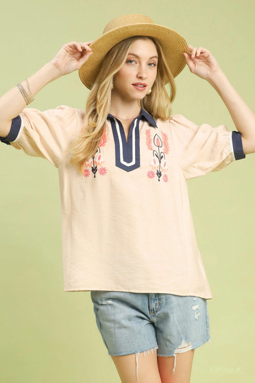 Umgee Embroidered Puff Sleeve Contrast Trim Top