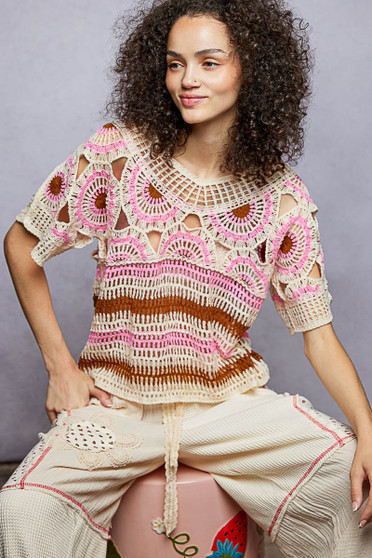 Weave Pattern Short Sleeve Crochet Top with Border Accents