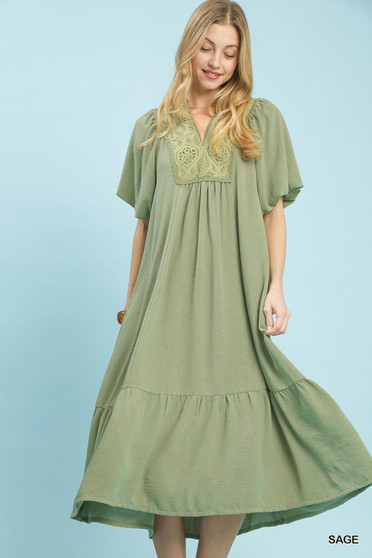 Umgee Puff Sleeve Midi Dress with Lace Detail