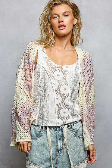 POL Open Front Crochet Cardigan with Granny Square Pattern