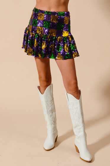 SO ME Mardi Gras Checker Sequins Mini Skirt