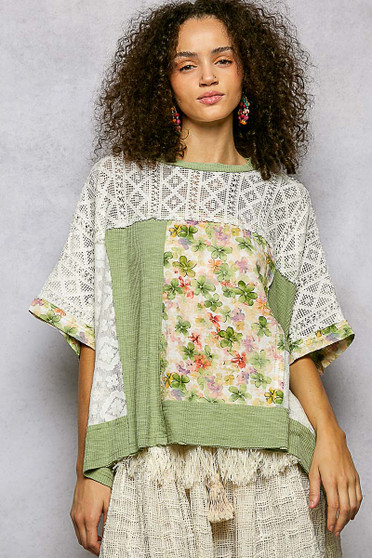POL Floral Patchwork Lace Accent Blouse