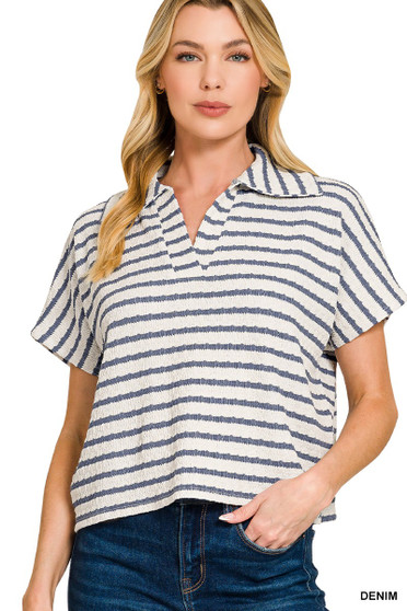 Zenana Striped Split Neck Collared Top