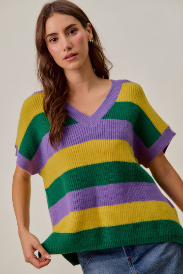 SO ME Mardi Gras Loose Fit V Neck Stripe Sweater Top