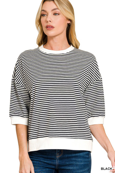 Zenana Striped Contrast Trim Banded Bottom Top