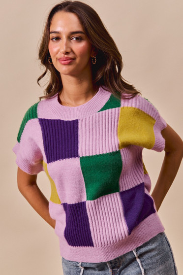 SO ME Mardi Gras Check Plaid Casual Sweater Top