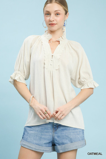 Umgee Linen Scalloped Ruffle Neck Blouse