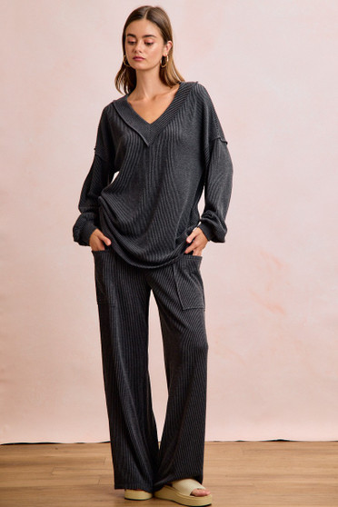 BiBi Two Tone Cord Rib Contrast Stitching V-Neck Top and Pants Set