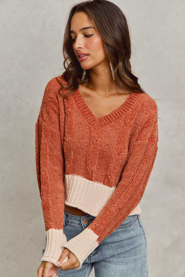 SO ME Chenille Cable Knit V Neck Contrast Cropped Sweater