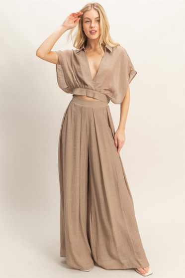 Collared Wrap Top & Wide-Leg Pants Set​​​