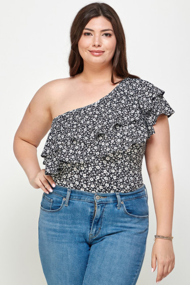 Plus Size Ditsy Floral One Shoulder Bodysuit