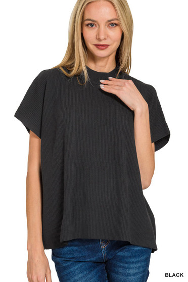 Zenana Viscose Mock Neck Short Sleeve Boxy Sweater