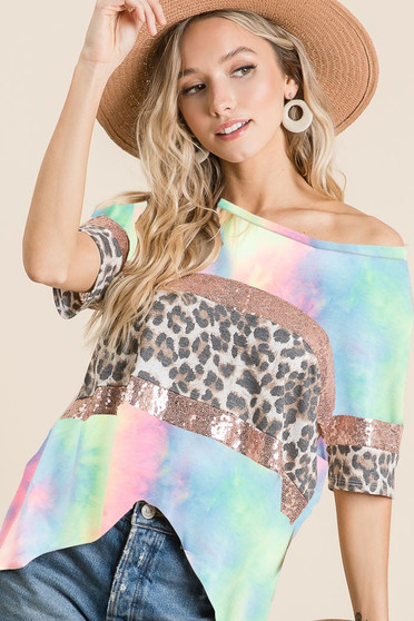 BiBi Tie Dye Terry Top with Leopard and Sequins Block