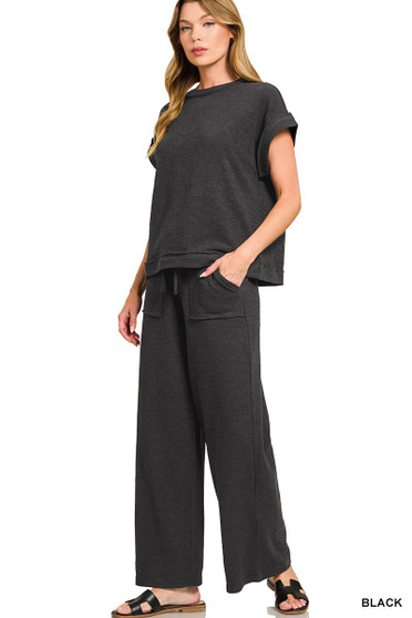Zenana Cotton Slub Short Sleeve Tee and Pants Set