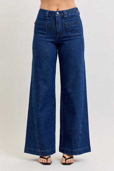 Judy Blue High-Waisted Retro Wide Jeans with Patch Pkts & Twisted Seams