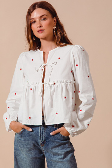 SO ME Front Tie Heart Embroidered Blouse With Puff Sleeve