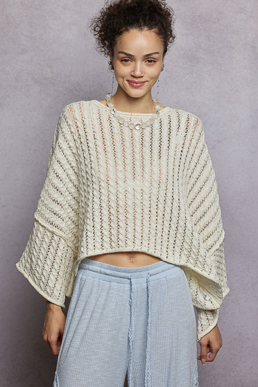 POL Cable-Knit Openwork Round Neck Cropped Sweater